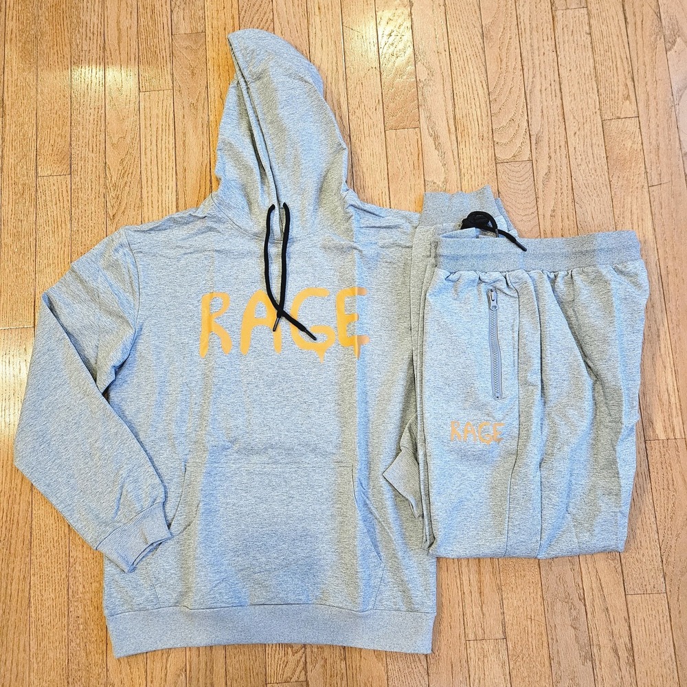 Men Hoodie Jogger Set L Gray Graphic Tracksuit Lightweight Strtch NWT Streetwear